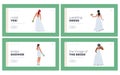 Women at Wedding Day Landing Page Template Set. Beautiful Brides In Elegant Dress Rear View. Young Female Characters