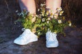 Women white boots with bouquet flower