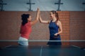 Women wins table tennis match, ping pong players Royalty Free Stock Photo