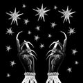Dark scary festive Night banner for holiday. Women witch background with stars, witch hands with long nails
