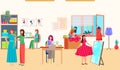 Women work in sewing fashion studio, textile business, tailor in atelier, woman designer, design cartoon style vector