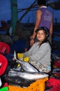 Women workers are collecting and sorting fisheries into baskets after a long day fishing in the Hon Ro seaport, Nha Trang city Royalty Free Stock Photo