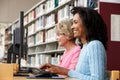 Women working on computers in library Royalty Free Stock Photo