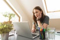 Women working from home at attic office on a sunny day. New normal Royalty Free Stock Photo