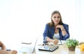 Women working in office on desk, business people in smart casual wear meeting on office Royalty Free Stock Photo