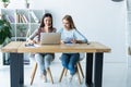 Women working together, office interior. Two female colleagues in office. Royalty Free Stock Photo