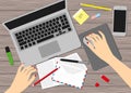 Women in the workplace. Top view of female hands, desk, laptop screen