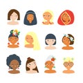 Women of the world. Female of different nationalities, ethnicity and religions. Global Girls faces avatars vector collection.