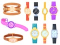 Women wristwatch. Trendy female watches, cartoon watch fashion accessories for womans wrist hand, expensive gold or Royalty Free Stock Photo