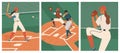 Women& x27;s baseball game vector posters set. Female baseball players on a field. Girl pitcher throwing the ball