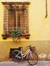 women's bicycle with basket leaning under a window with flowers Royalty Free Stock Photo