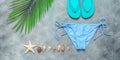 Women's bikini bottoms, flip flops, decorative palm branch and seashells. Gray grunge background. Ladies beach