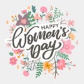 Women's Day hand drawn lettering. Red text isolated on white for postcard, poster, banner design element. Happy