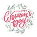 Women's Day hand drawn lettering. Red text isolated on white for postcard, poster, banner design element. Happy