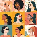 Women& x27;s Diversity: A Collection of Attractive Females with Different Nationalities and Hairstyles, Illustration on a Royalty Free Stock Photo