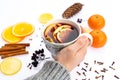 Women& x27;s hands hold a cup of tea. Hands with sweater holding a cup of tea, winter and autumn concept Royalty Free Stock Photo