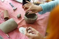 Women& x27;s hands knead the clay and sculpt a cup or bowl from it. The process of manufacturing a ceramic product,close