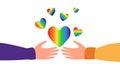 Women& x27;s hands with rainbow hearts Royalty Free Stock Photo