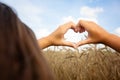 Women& x27;s hands in the shape of a heart on the background of the sky and a field with ears of corn. Hands in the shape of Royalty Free Stock Photo