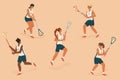 Women's lacrosse players control the ball, characters vector set. Female lacrosse players isolated figures with ball