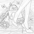 Women's legs with shoes, bag and flowers.Coloring book antistress for children and adults. Royalty Free Stock Photo