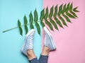Women& x27;s legs in tight, torn jeans, sneakers,fern leaf on pink blue pastel background. Top view, botanical style.