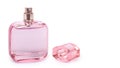 women& x27;s perfume in beautiful pink bottle isolated on white background, luxury smell, crystall glass. copy space, template Royalty Free Stock Photo