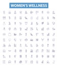 Women's wellness line icons, signs set. Female, Wellness, Health, Nutrition, Fitness, Self Care, Strength, Balance