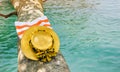 Women yellow hat and bag on tree with sea background