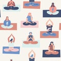 Women yoga class with interracial people doing breathing exercises seamless pattern in vector.