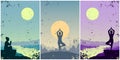 Women yoga outdoors - set of postcards with a grunge effect. Girl practice meditation in nature. Silhouette of woman on landscape