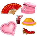 Womens accessories - fan, shoes, perfume, hat, jewelry box, cushion Royalty Free Stock Photo