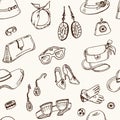 Womens accessories hand drawn doodle seamless pattern. Sketches. Vector illustration for design and packages product Royalty Free Stock Photo