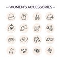 Womens accessories hand drawn doodle set. Sketches. Vector illustration for design and packages product. Symbol Royalty Free Stock Photo