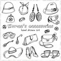Womens accessories hand drawn doodle set. Sketches. Vector illustration for design and packages product. Symbol Royalty Free Stock Photo