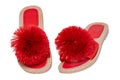 Womens boots and shoes. Close-up of a pair women slipper with red pompoms isolated on a white background. Fashion of sandals. Royalty Free Stock Photo