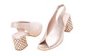 Womens boots and shoes. Closeup of a pair elegant female platinum coloured leather high-heeled shoes isolated on a white