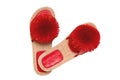 Womens boots and shoes. Top view of a pair women slipper with red pompoms isolated on a white background. Fashion of sandals