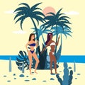 Womens characters with smartphone in bikini on background of exotic plants of palm sea, ocean, beach. Trend modern flat