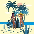 Womens characters with smartphone in bikini and hat on background of exotic plants of palm sea, ocean, beach. Trend