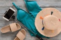 Womens clothing, accessories, shoes straw hat, blue green swims Royalty Free Stock Photo