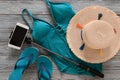 Womens clothing, accessories, shoes straw hat, blue green swims Royalty Free Stock Photo