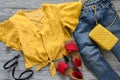 Womens clothing, accessories, shoes yellow blouse in polka dot,