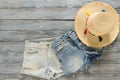 Womens clothing, accessories two denim shorts, straw hat on gr