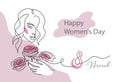 Womens Day card with face line art and roses. March 8 holiday invitation banner, one continuous line drawing portrait