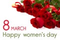 Womens day concept. freshly cutted red roses on white background with sample tex