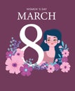 Womens Day cute woman 8 march flowers decoration card