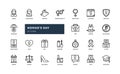 Womens Day detailed outline line icons set with illustrations of women in various roles and activities, including politics, work, Royalty Free Stock Photo