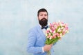 Womens day. Formal mature businessman love date with flowers. Happy Birthday. bride groom at wedding party. spring