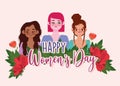 Womens Day hand drawn text and girls with flwoers decoration Royalty Free Stock Photo